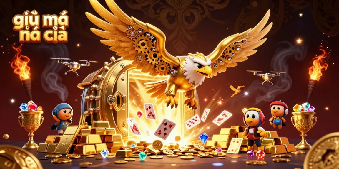 Dive into the world of giải mã nhà cái with an ultra-detailed 3D illustration of a cybernetic golden eagle amidst vibrant casino elements.