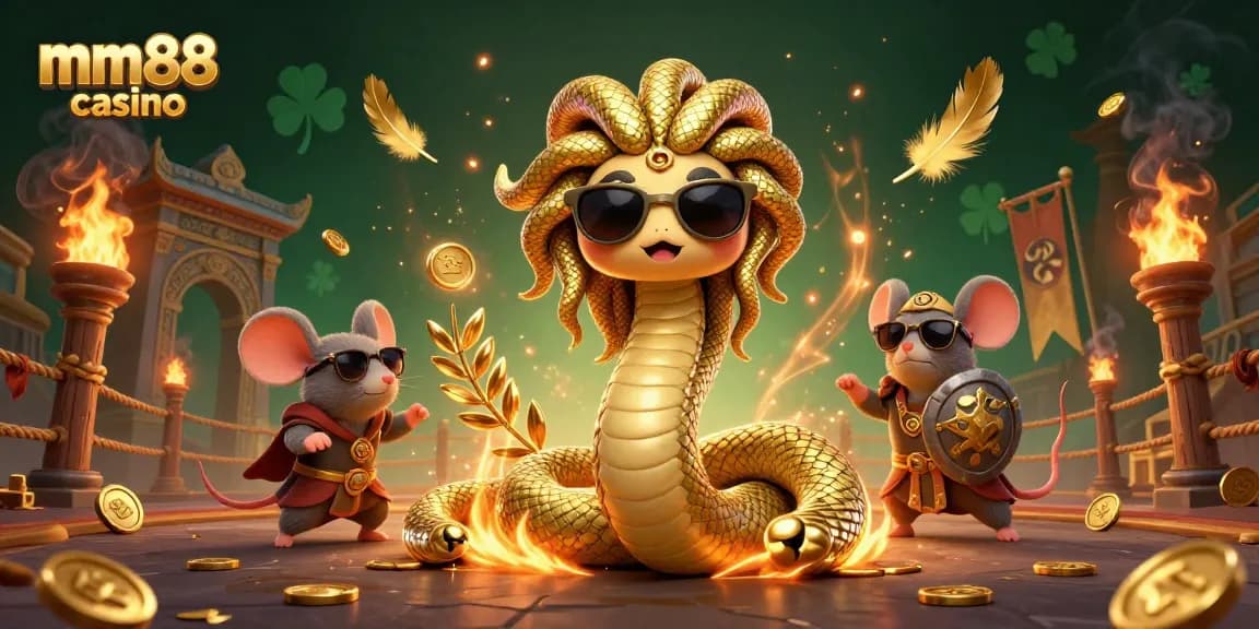 Engaging scene of mm88 casino featuring Medusa and warrior mouse amidst exciting gambling elements.