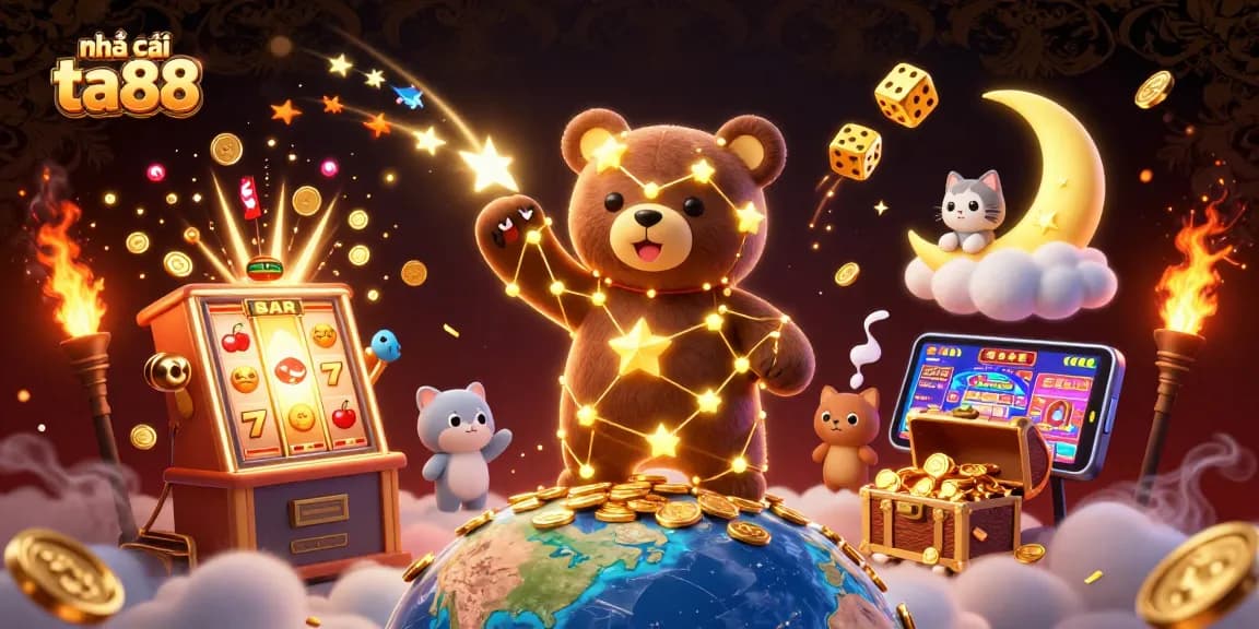 nhà cái ta88 showcases vibrant casino life with a constellation bear collecting coins, creating excitement.