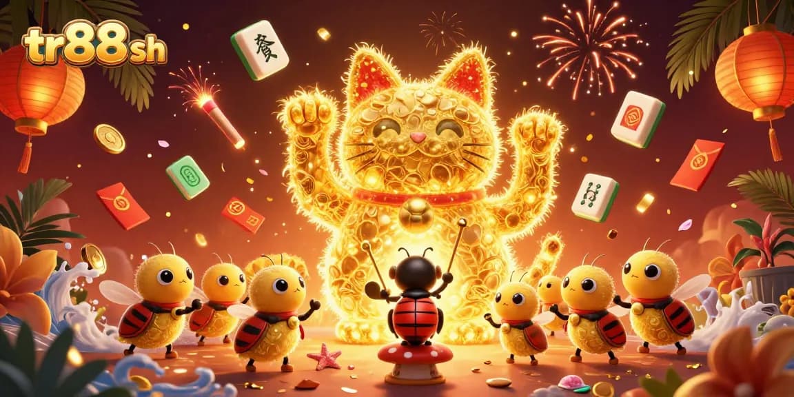 Experience vibrant gaming with tr88 sh's lucky cat, surrounded by festive casino symbols.