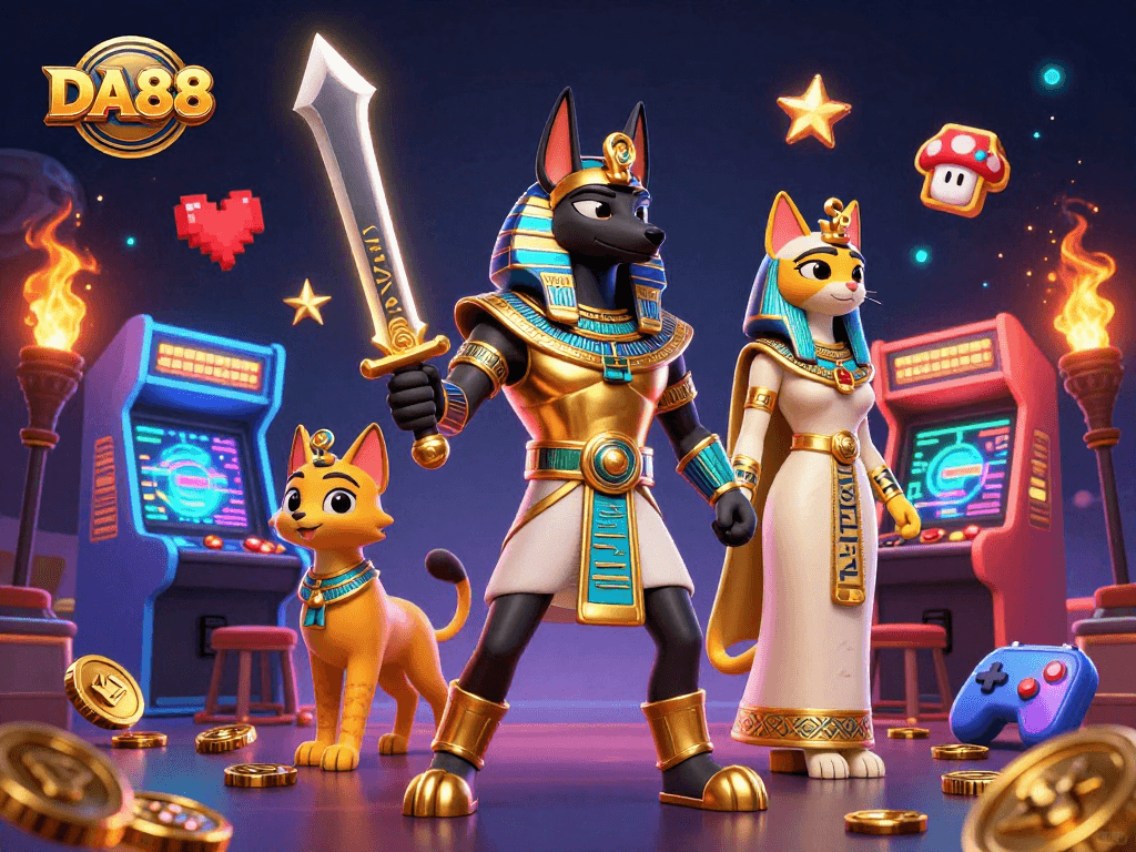 Experience the thrilling experience of DA88 with Anubis and Bastet in a vibrant casino scene.