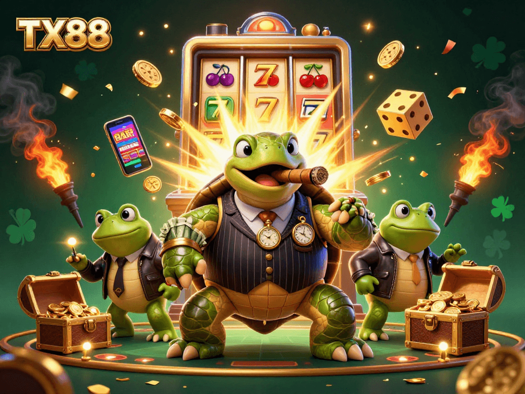 TX88's thrilling casino adventure with a cartoon snapping turtle and bullfrog enforcers amidst jackpot excitement.