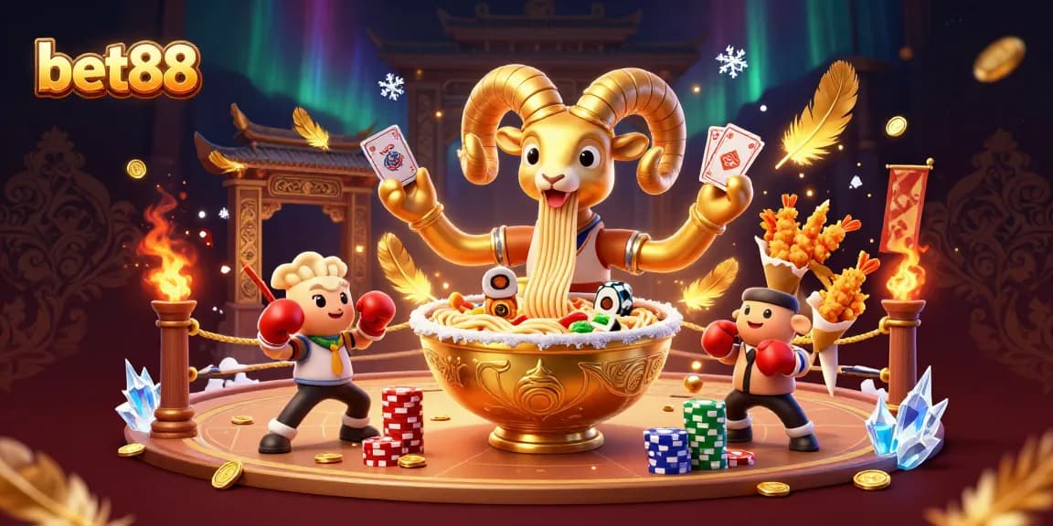 Bet88's vibrant casino scene features a giant ramen bowl dealer and lively cheerleaders, showcasing engaging gameplay.