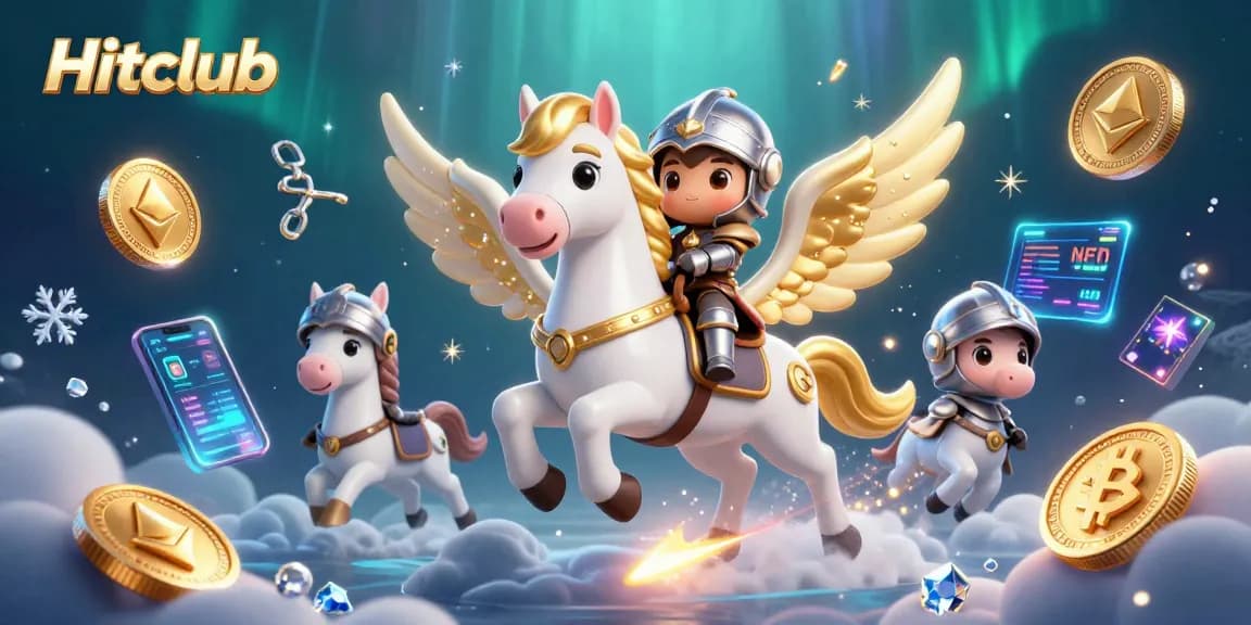 Hitclub promotes thrilling gameplay with a dynamic 3D illustration showcasing a knight and celestial horse racing through a casino-themed galaxy.