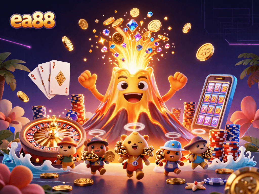 Engage with exciting games at ea88, featuring a golden volcano erupting treasure and vibrant casino elements.