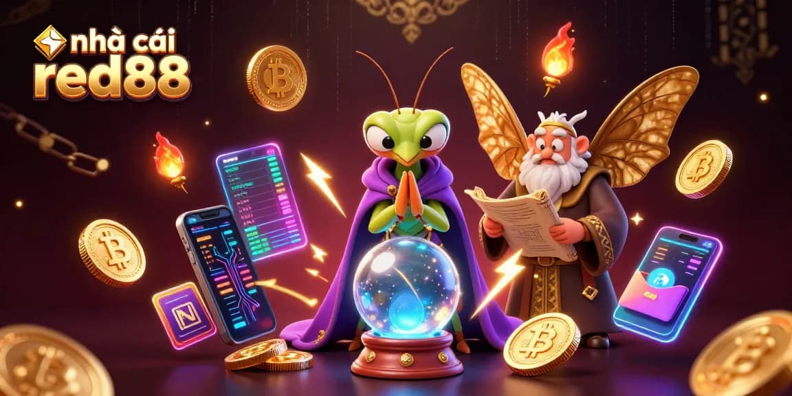 Engage in thrilling games at nhà cái red88 with energetic characters amidst glowing crypto elements.