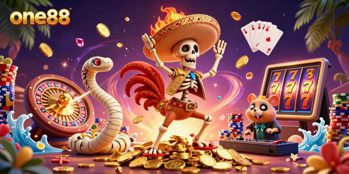 Engage in thrilling casino fun with one88 as a 3D cartoon mariachi rooster triumphs amidst golden coins and slots.