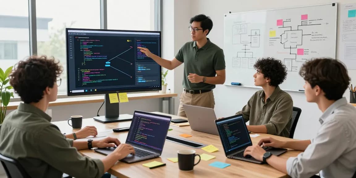 Build internal tools with AI through collaborative software development in a vibrant workspace.