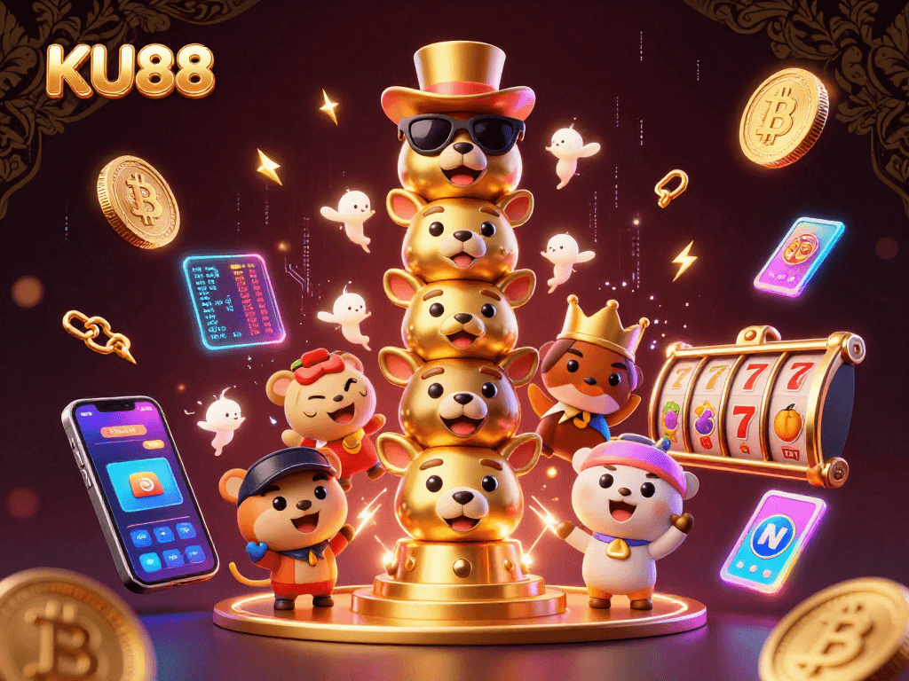Spin the slots at KU88 with vibrant totem pole and crypto-themed gaming elements.