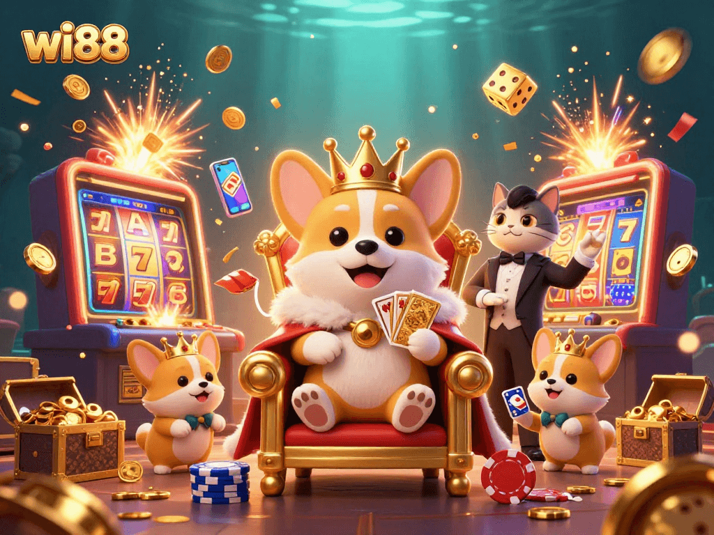 Experience the thrill of wi88 with a joyful royal corgi amidst vibrant casino elements.