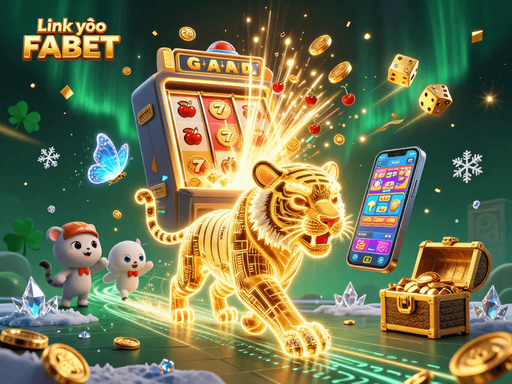 Experience excitement with Link vào FABET through a vibrant 3D casino scene bustling with gaming action.