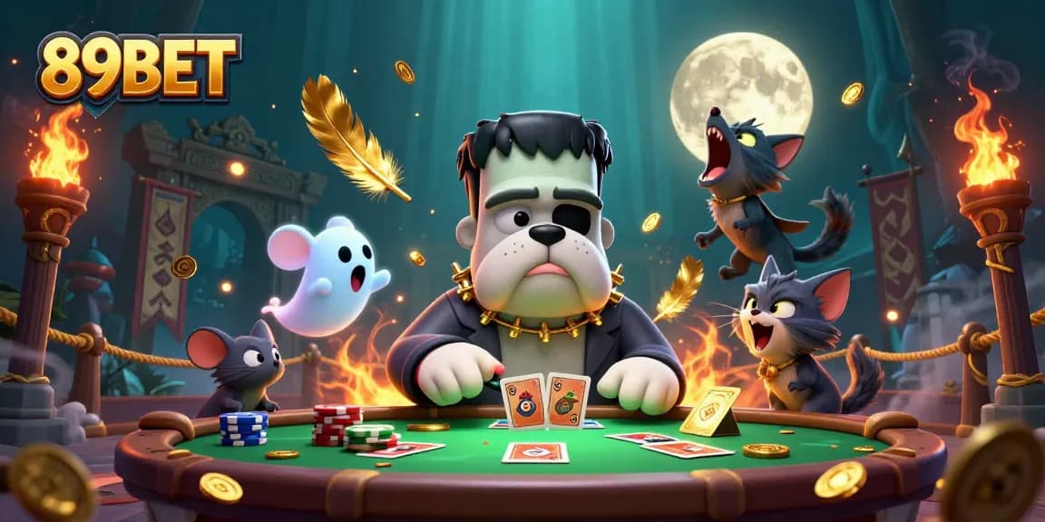 Engage in thrilling 89BET gaming with a 3D Frankenstein bulldog dealer, vibrant casino scene.