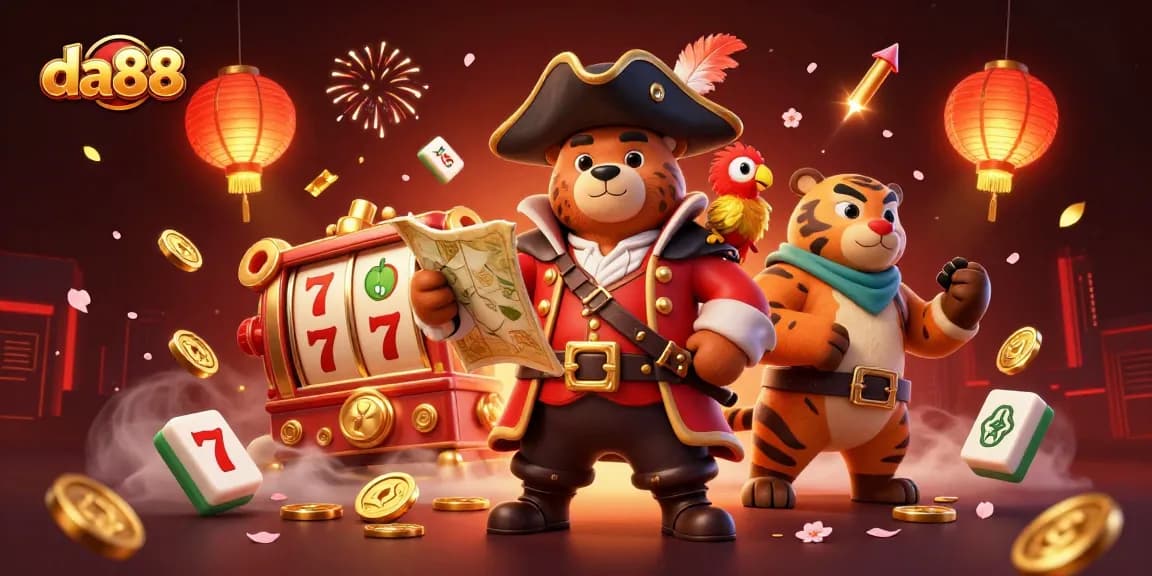 Engage in the da88 slots action with a vibrant 3D illustration of a pirate bear, tiger, and parrot amidst rich casino elements.