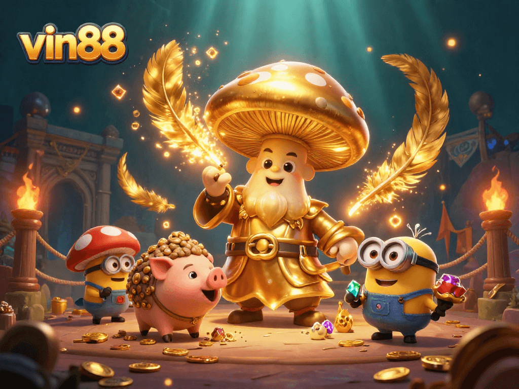 Win big with vin88 at a vibrant 3D casino featuring enchanting characters and magical treasures.