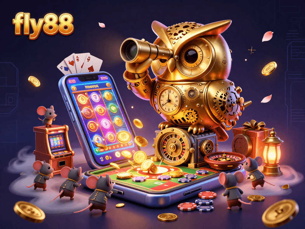 Engage with fly88, spinning reels and vibrant games come alive in a magical casino setting.