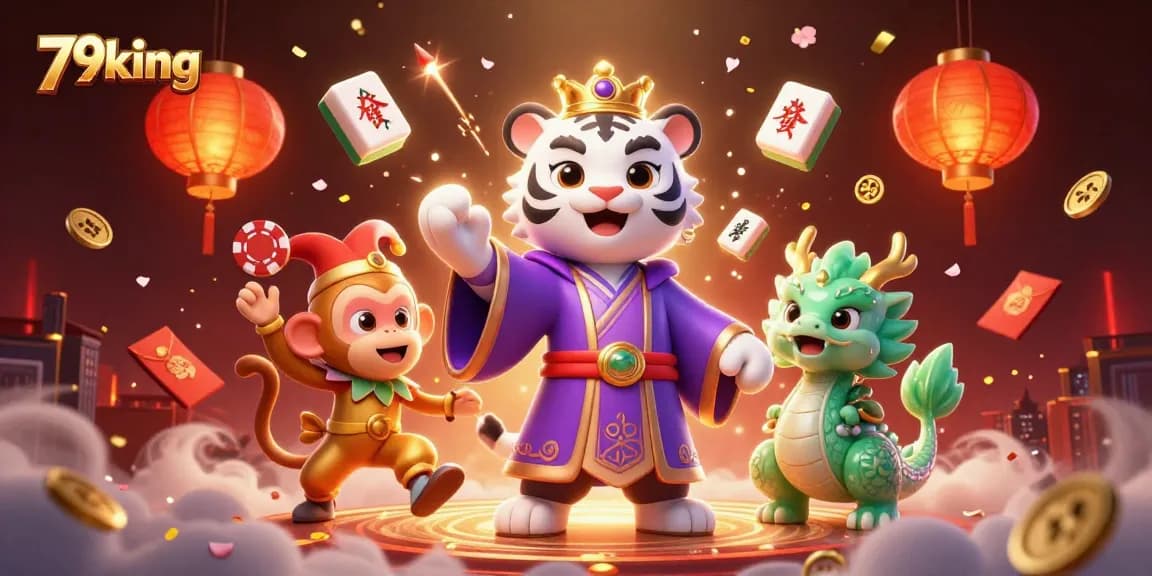 Engage with 79king in an enchanting 3D casino scene featuring a royal tiger, playful monkey, and jade dragon.