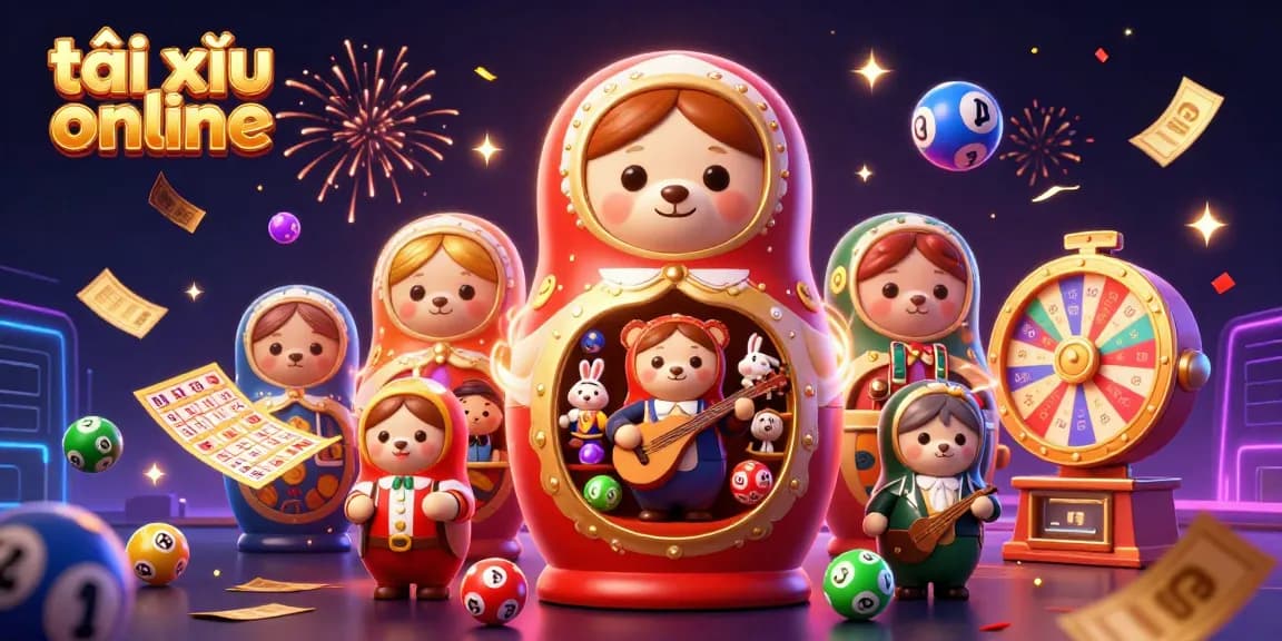 Engage in the excitement of tài xỉu online with colorful elements, vibrant players, and elaborate casino-themed visuals.