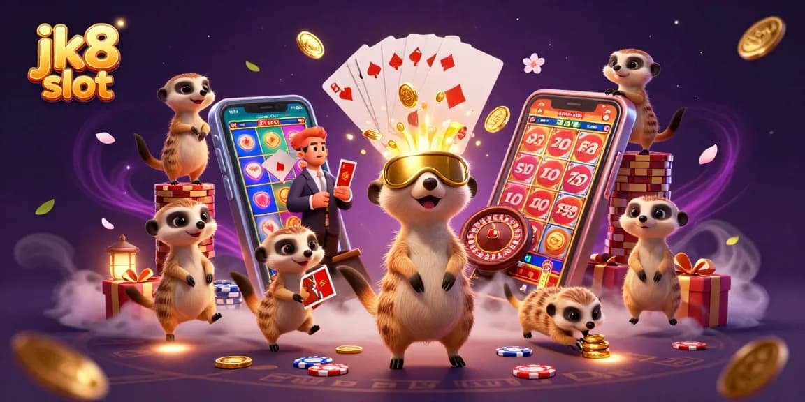 Engage with the exciting world of jk8 slot featuring meerkats in a vibrant casino setting.