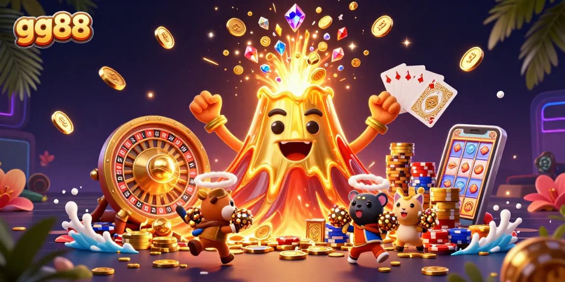 Spin the reels and win big with GG88's vibrant casino adventure illustration, featuring treasures galore.