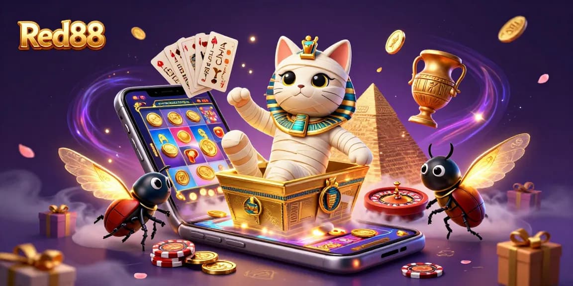 Engage in gaming excitement with Red88 as a vibrant Egyptian mummy cat emerges from a golden sarcophagus.