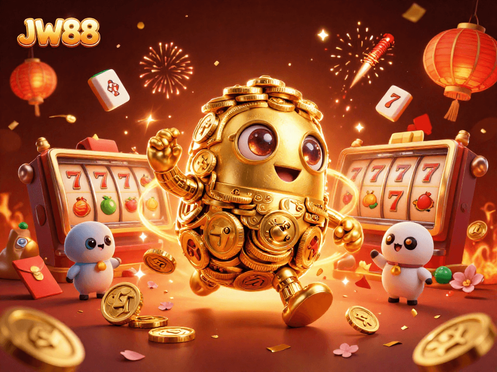 Engage with JW88 through vibrant casino-inspired 3D illustration featuring a golden golem and slot elements.