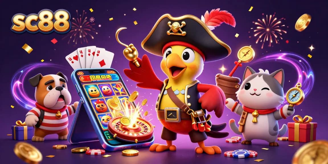 Spin to win with sc88, featuring a vibrant 3D pirate scene filled with slot games, cards, and excitement.