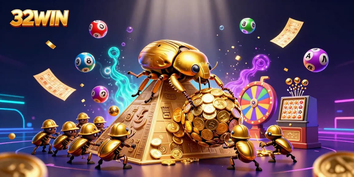 32WIN players experience exciting games with colorful lottery balls and golden prizes in a vibrant casino setting.