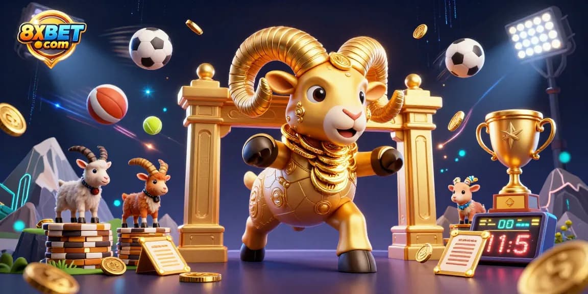 Experience thrilling action with 8XBET com as a golden ram charges through a vibrant gambling scene.