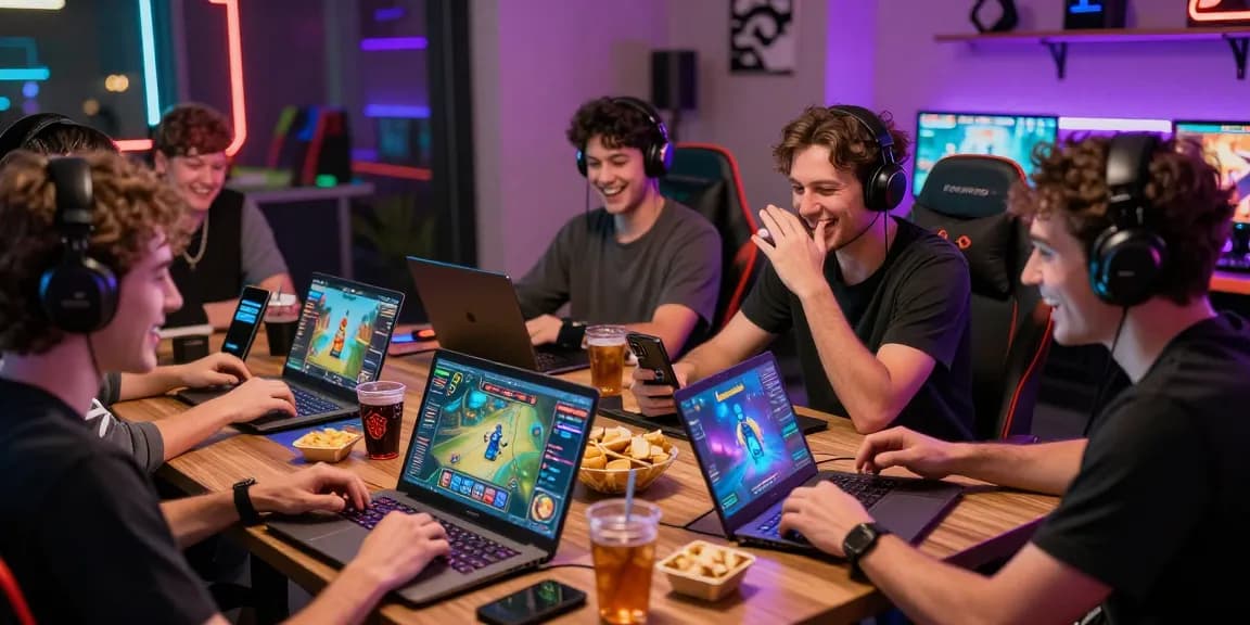 Sun win gaming atmosphere with players enjoying card games and vibrant graphics.