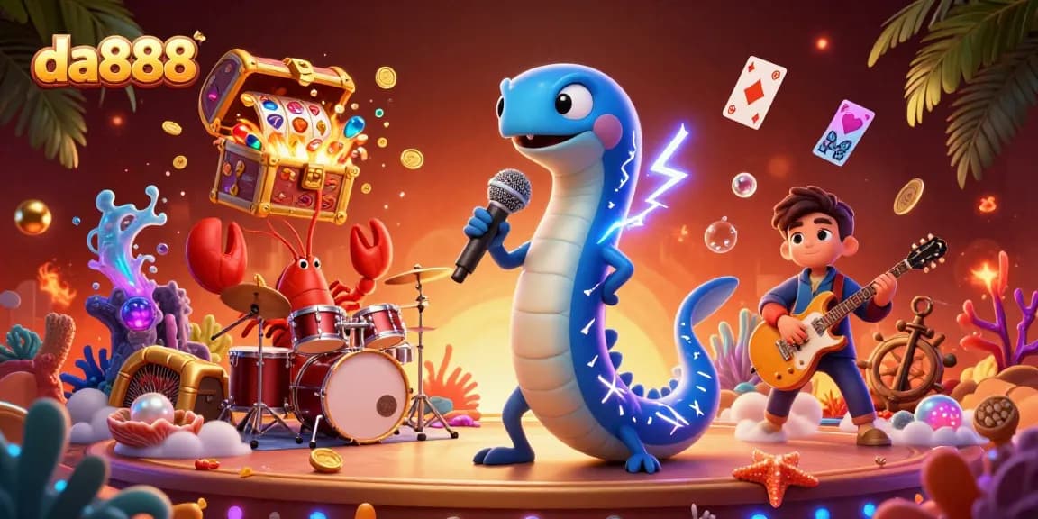 Experience thrilling fun at da888 with electric eel DJs, lobster drummers, and vibrant slot game elements in an underwater casino.