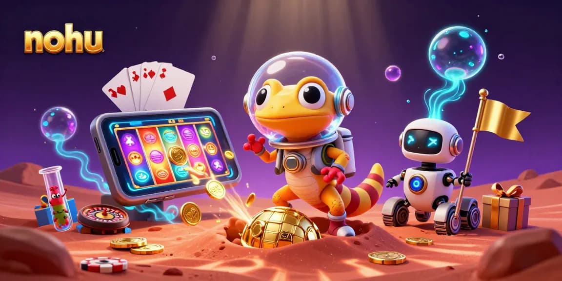 Engage with nohu's vibrant 3D casino scene featuring a Martian gecko and energetic gambling elements