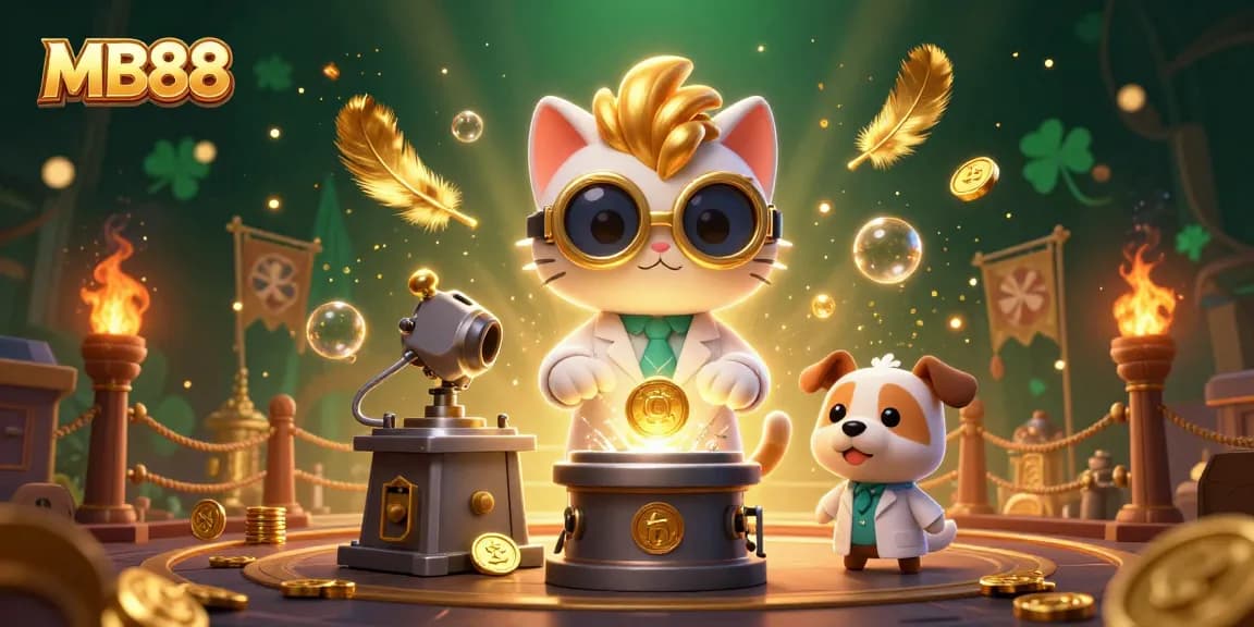 Hình ảnh minh họa 3D từ MB88 với nhân vật mèo điên và chó đồng hành trong khu phòng thí nghiệm với các đồng tiền vàng.