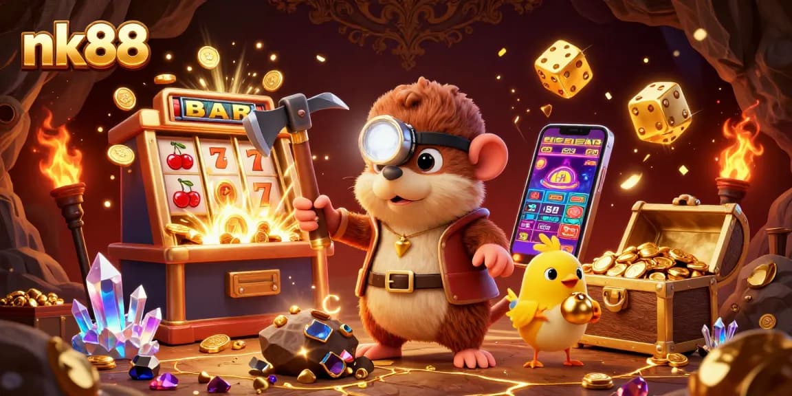 Experience jackpot excitement at nk88 with a treasure-seeking mole and vibrant casino elements.