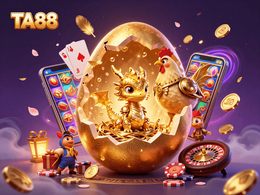 TA88 showcases a golden dragon amidst casino elements, illustrating vibrant gaming excitement.