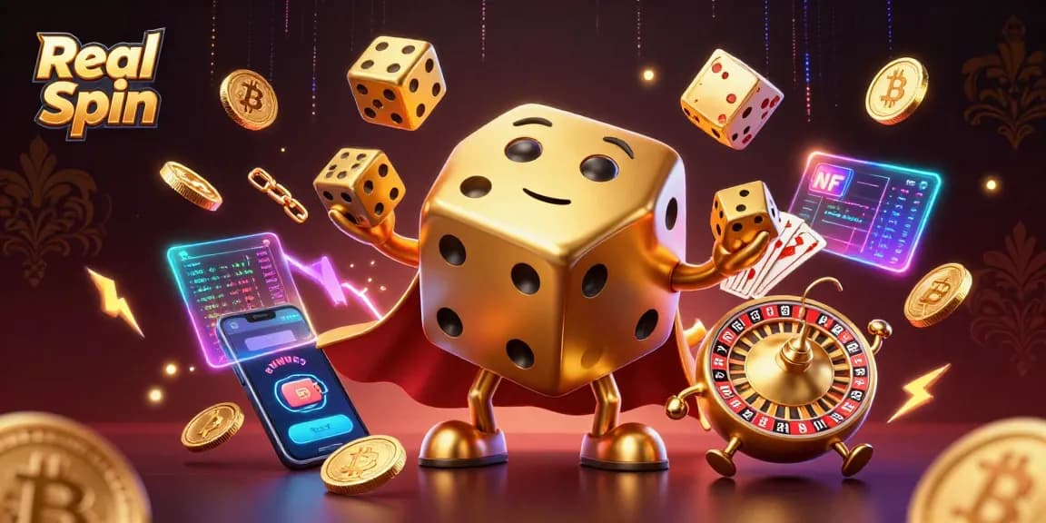 Experience Real Spin's dynamic gaming with golden dice, crypto coins, and stunning visuals!