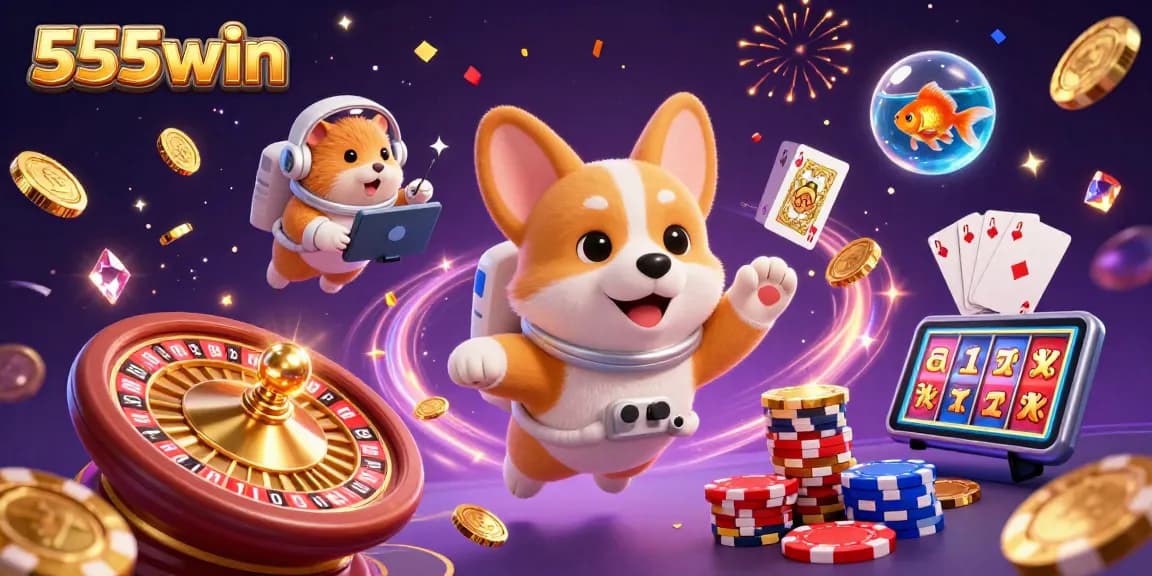 Experience the thrill of gaming with 555win in a vibrant, action-packed casino scene.