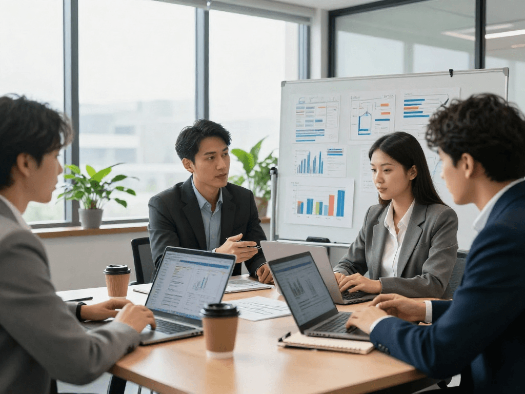 Zakelijk krediet bespreking door professionals in moderne kantoorruimte, met laptops en financiële gegevens.