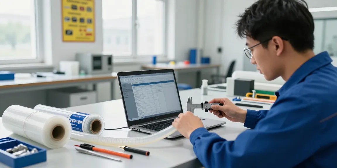 FEP teflon slang inspecteren door een technicus in een veilige werkplaats met precisie instrumenten en natuurlijke verlichting.