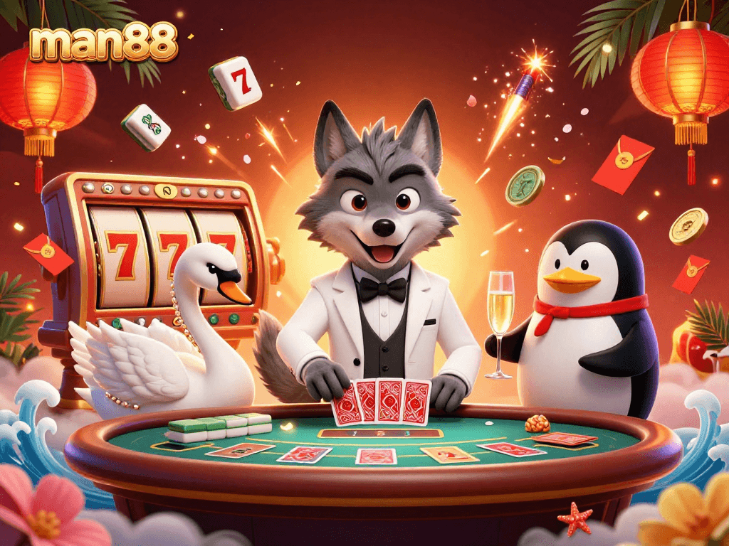 Experience the thrilling world of man88 with elegant characters celebrating at a casino table.