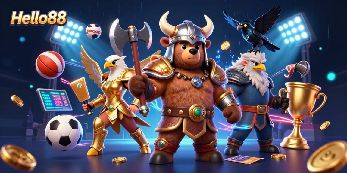 Bet on Hello88's exhilarating games, featuring Viking characters and golden trophies in dynamic sports scene.