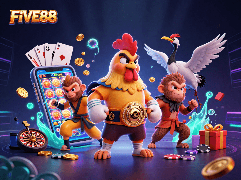 Experience exhilarating gaming action at FIVE88, featuring vibrant characters and dynamic casino elements.