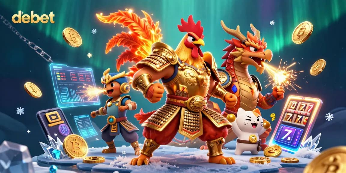 Engage with debet at the vibrant casino, featuring a rooster warrior and dragon hatchling.