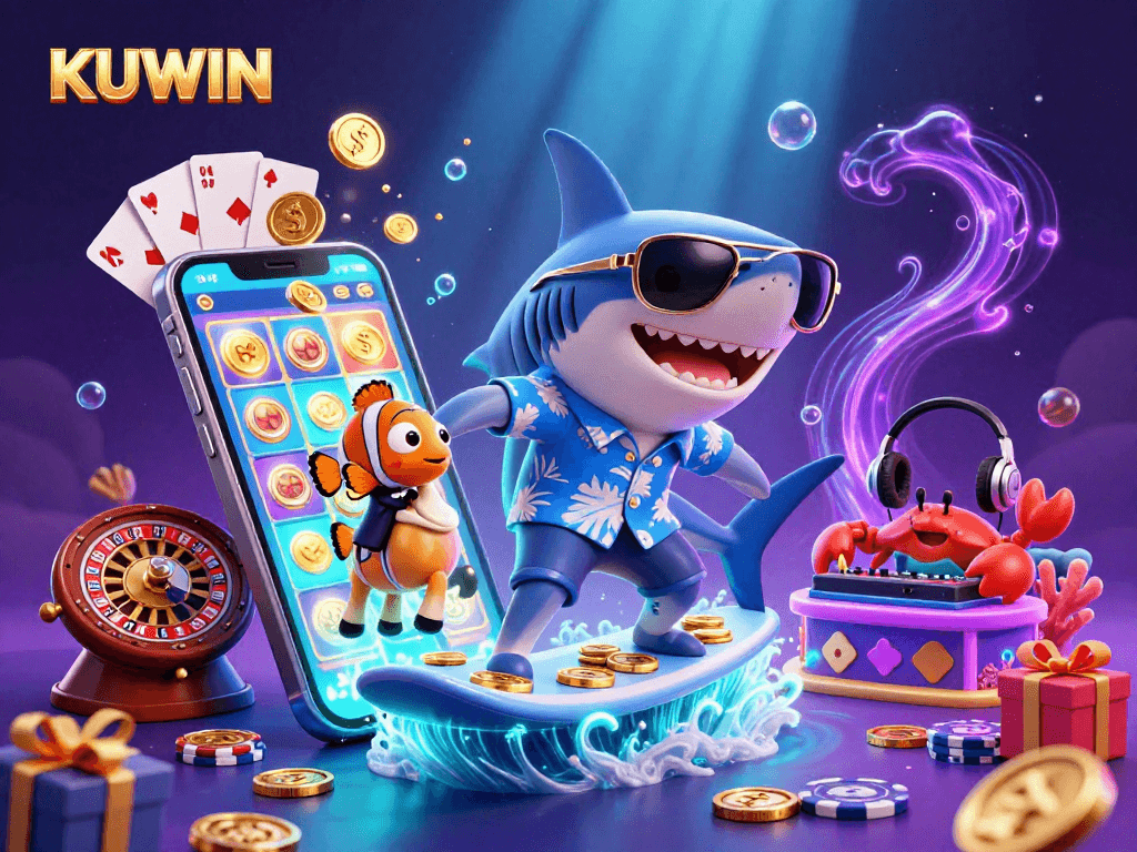 KUWIN players enjoy a vibrant underwater casino experience with animated characters and exciting games.
