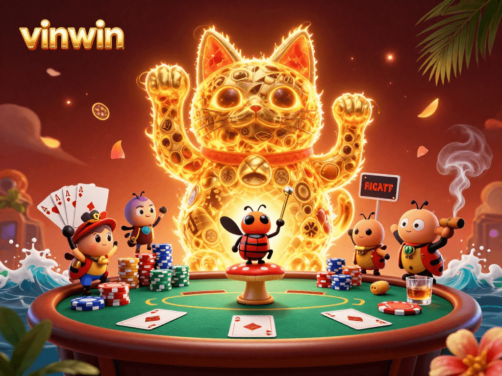 Experience the thrilling atmosphere of vinwin with a lucky cat illustration in vivid casino colors.