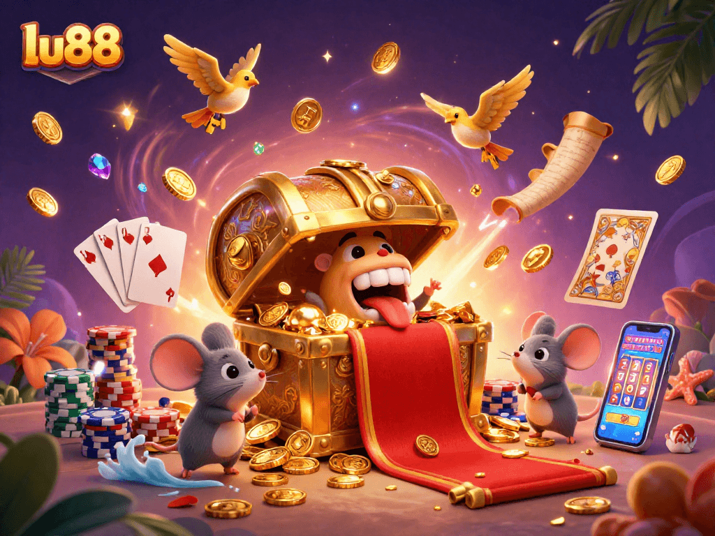 Engage with the thrilling lu88 casino experience, featuring a treasure chest and vibrant gaming elements.
