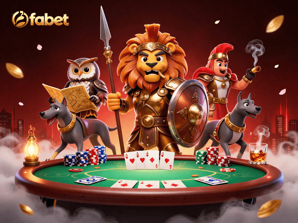 Experience fabet gameplay with a heroic Spartan lion and strategic owl amidst vibrant poker elements.