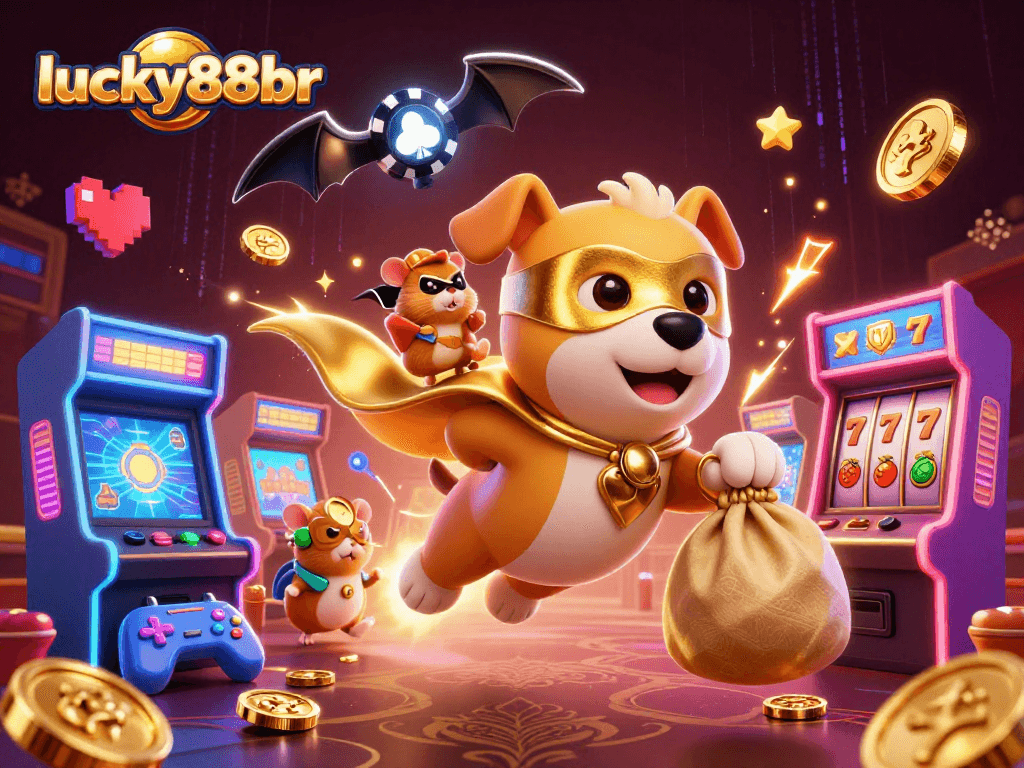 Engage with lucky88br’s vibrant casino scene featuring a superhero dog and enchanting game elements.