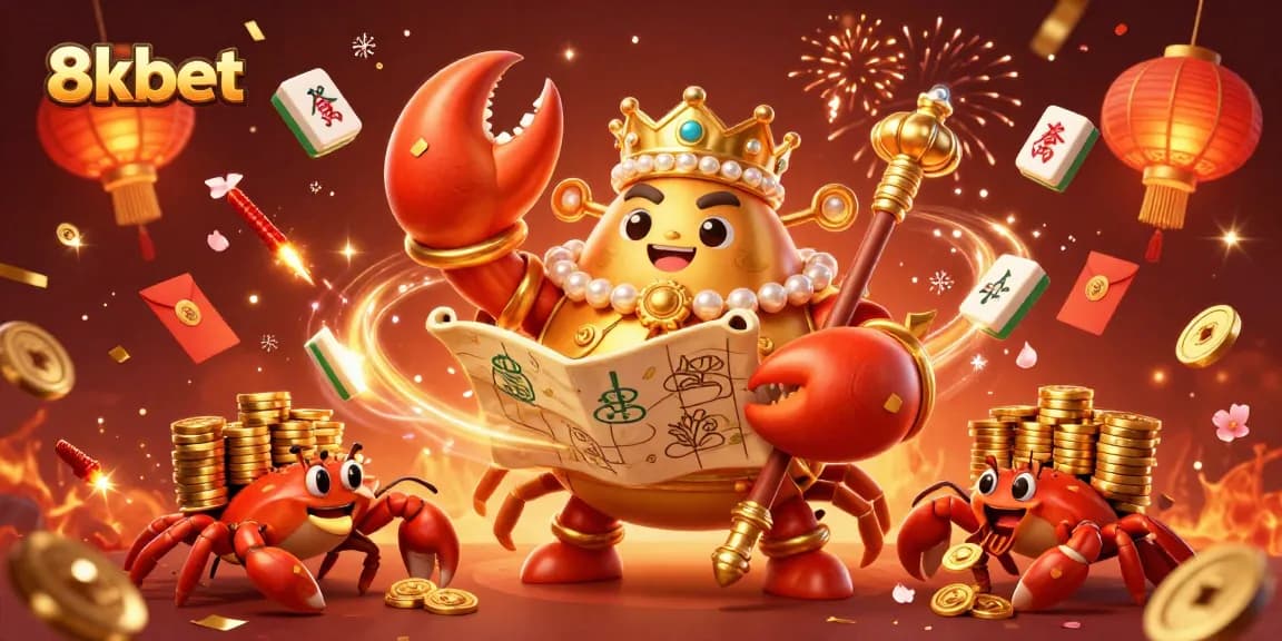 Experience the vibrant world of 8kbet with a golden crab emperor amidst festive gambling elements.