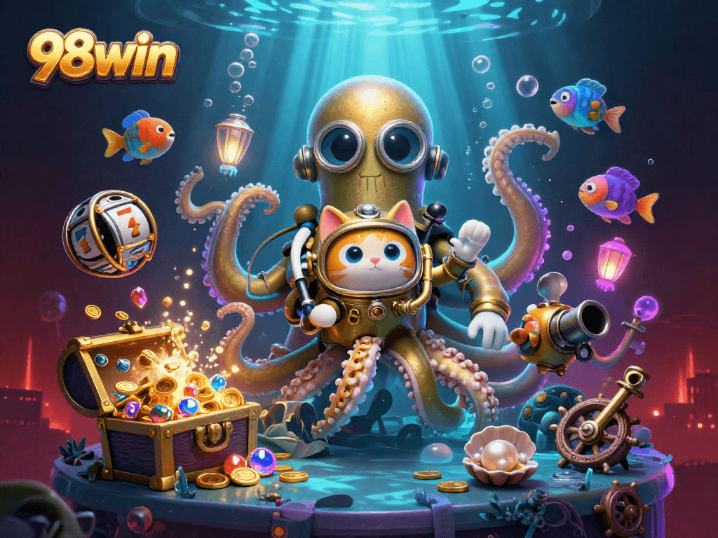 Experience thrilling games and jackpots with 98win, featuring a colorful underwater casino scene.