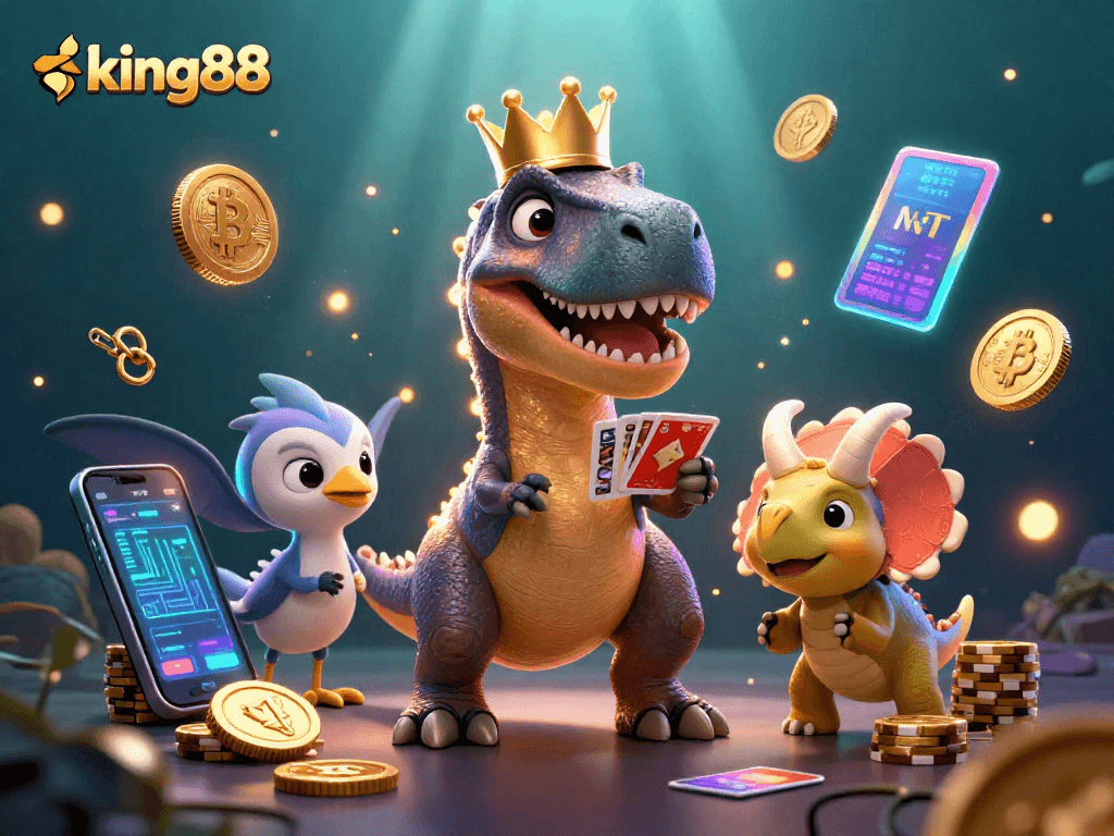 Engage with king88 through a lively casino scene featuring charming dinosaur characters and crypto elements.